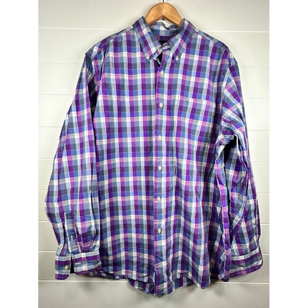 CHAPS Mens Stretch Poplin Plaid Button Down Shirt XLT Tall Purple Blue‎ Gray